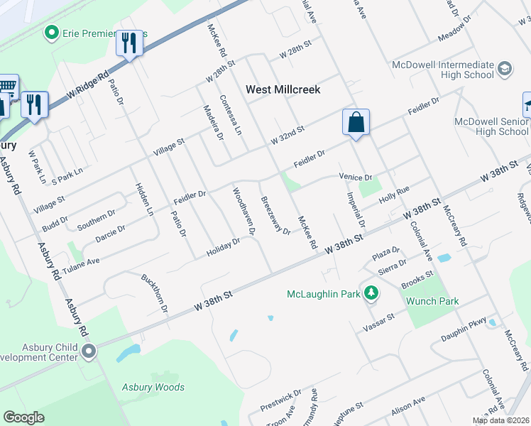 map of restaurants, bars, coffee shops, grocery stores, and more near 3504 Breezeway Drive in Erie