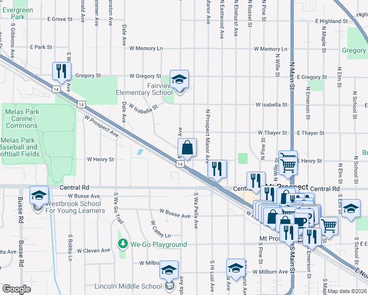 map of restaurants, bars, coffee shops, grocery stores, and more near 109 North Forest Avenue in Mount Prospect