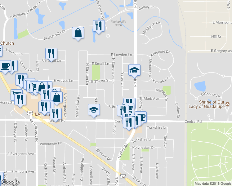 map of restaurants, bars, coffee shops, grocery stores, and more near 113 North Stevenson Lane in Mount Prospect