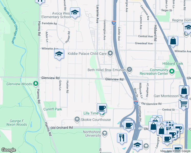 map of restaurants, bars, coffee shops, grocery stores, and more near 120 Glenview Road in Glenview