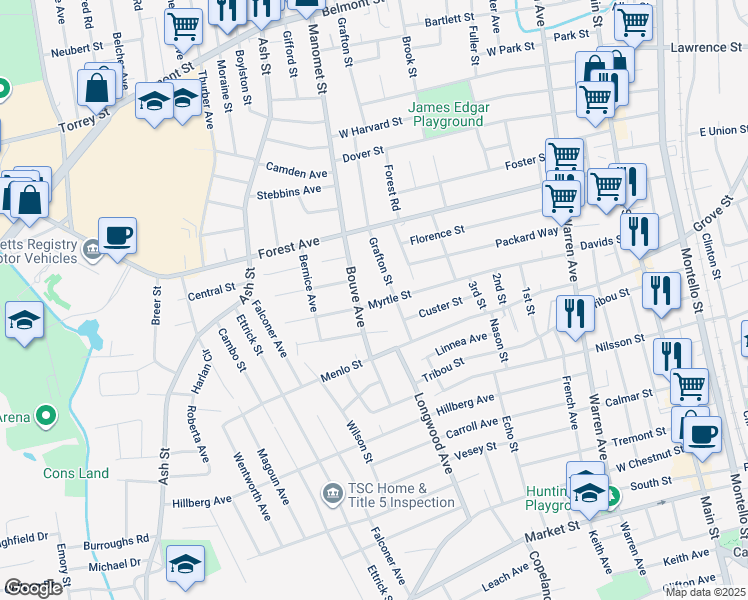 map of restaurants, bars, coffee shops, grocery stores, and more near 187 Myrtle Street in Brockton