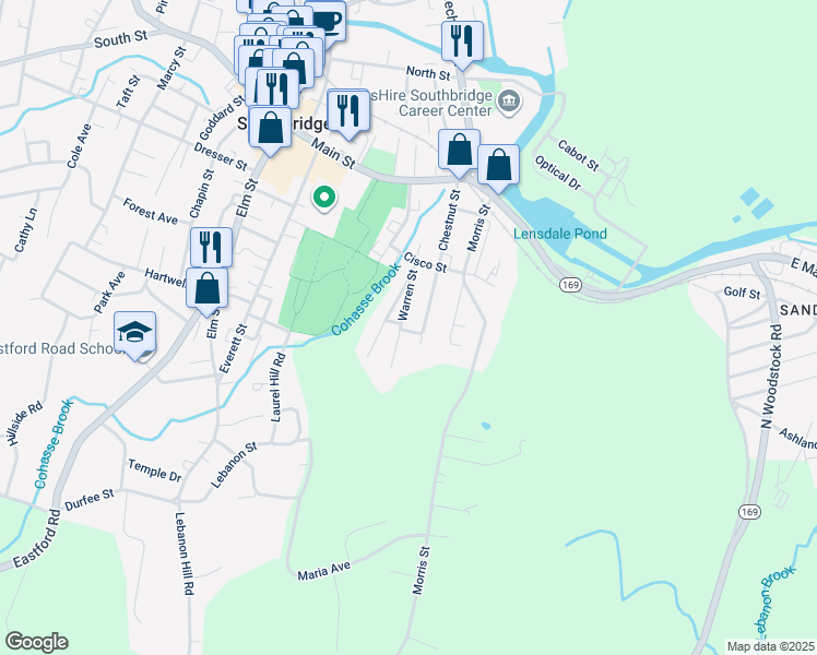 map of restaurants, bars, coffee shops, grocery stores, and more near 144 Chestnut Street in Southbridge