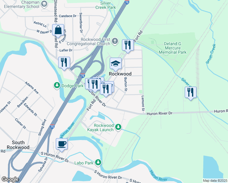 map of restaurants, bars, coffee shops, grocery stores, and more near 32715 Elm Street in Rockwood