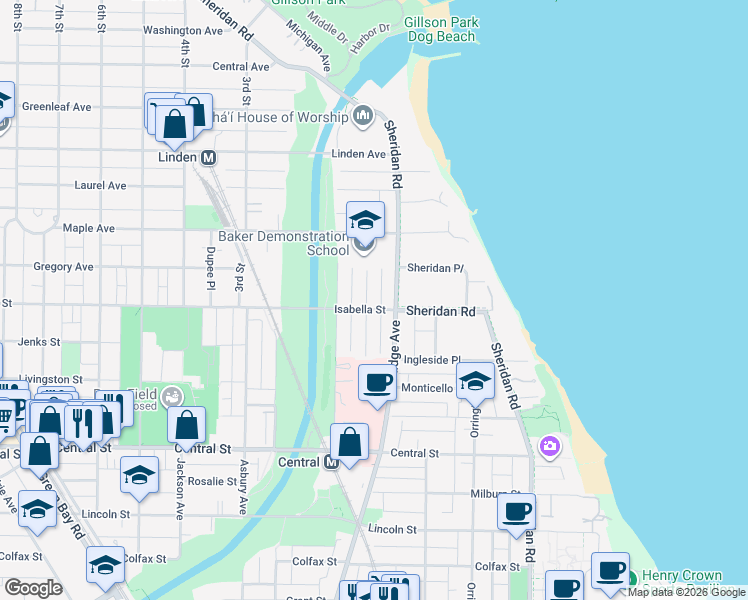 map of restaurants, bars, coffee shops, grocery stores, and more near 2805 Garrison Avenue in Evanston