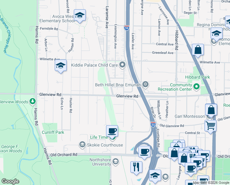 map of restaurants, bars, coffee shops, grocery stores, and more near 50 Glenview Road in Glenview