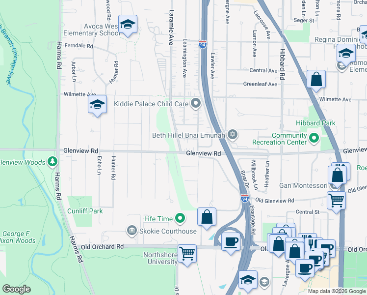 map of restaurants, bars, coffee shops, grocery stores, and more near 50 Glenview Road in Glenview