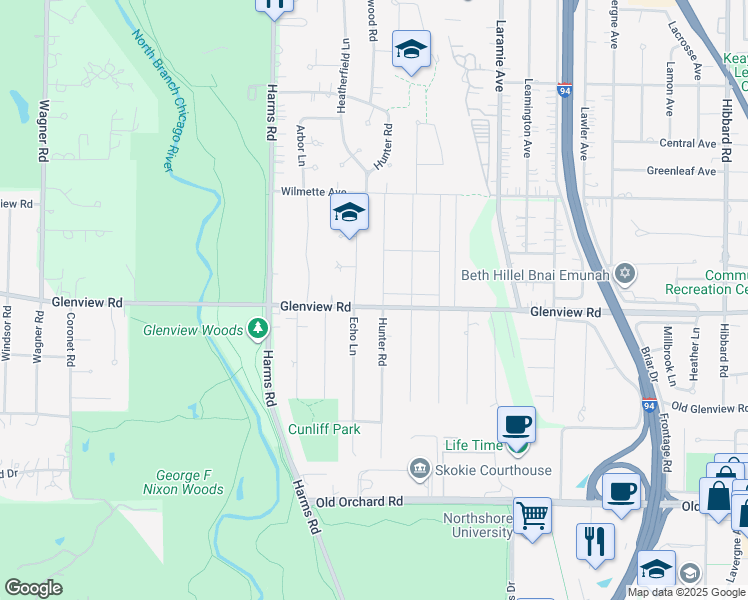 map of restaurants, bars, coffee shops, grocery stores, and more near 803 Hunter Road in Glenview