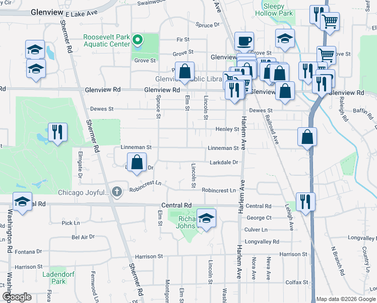 map of restaurants, bars, coffee shops, grocery stores, and more near 2025 Linneman Street in Glenview