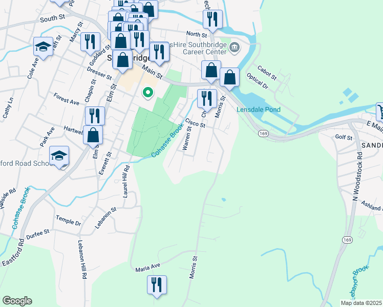 map of restaurants, bars, coffee shops, grocery stores, and more near 144 Chestnut Street in Southbridge