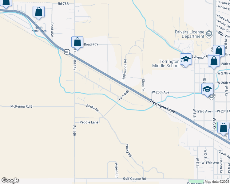 map of restaurants, bars, coffee shops, grocery stores, and more near Radio Rd in Torrington