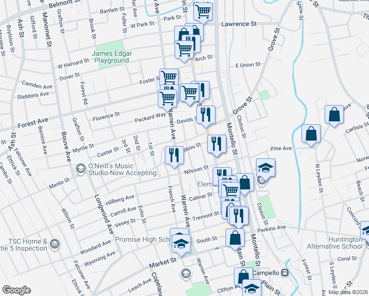 map of restaurants, bars, coffee shops, grocery stores, and more near 97 Laureston Street in Brockton