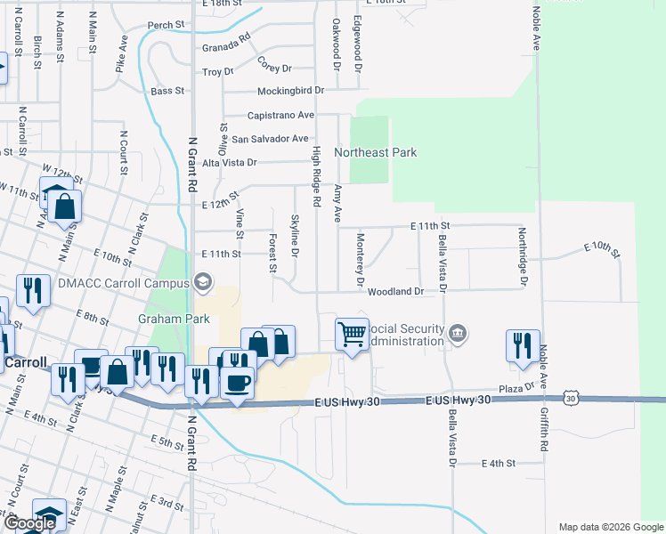 map of restaurants, bars, coffee shops, grocery stores, and more near 1029 Amy Avenue in Carroll