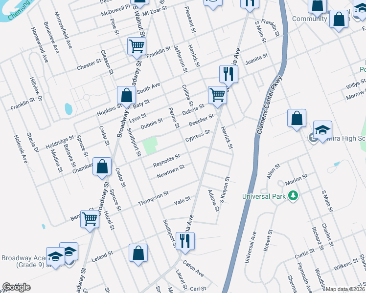 map of restaurants, bars, coffee shops, grocery stores, and more near 752 Perine Street in Elmira