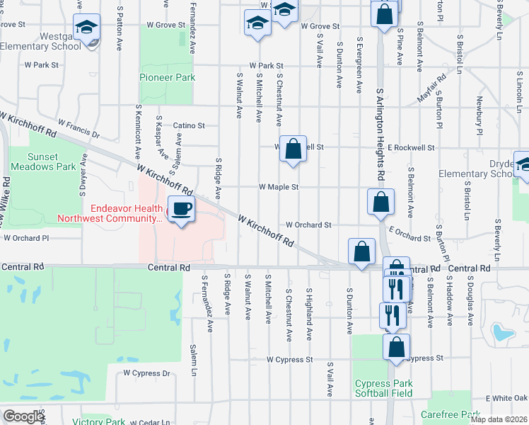 map of restaurants, bars, coffee shops, grocery stores, and more near 832 South Chestnut Avenue in Arlington Heights