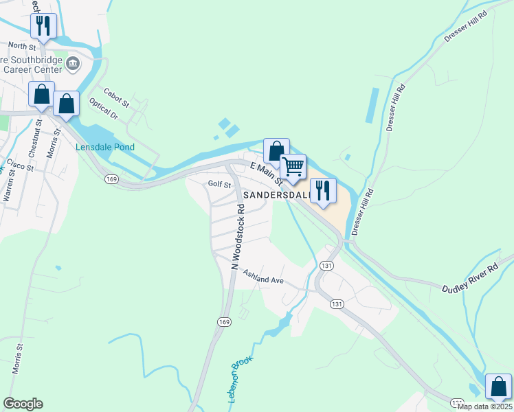 map of restaurants, bars, coffee shops, grocery stores, and more near 65 Jennison Street in Southbridge