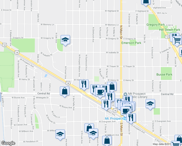 map of restaurants, bars, coffee shops, grocery stores, and more near 110 North Elmhurst Avenue in Mount Prospect