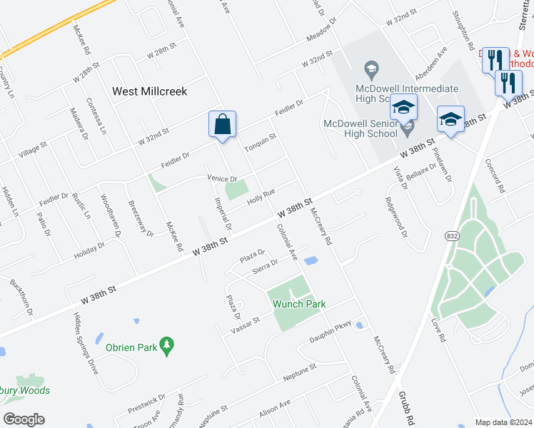 map of restaurants, bars, coffee shops, grocery stores, and more near 3724 Colonial Avenue in Erie