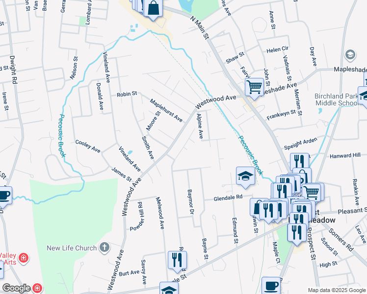 map of restaurants, bars, coffee shops, grocery stores, and more near 4 Gaskell Street in East Longmeadow