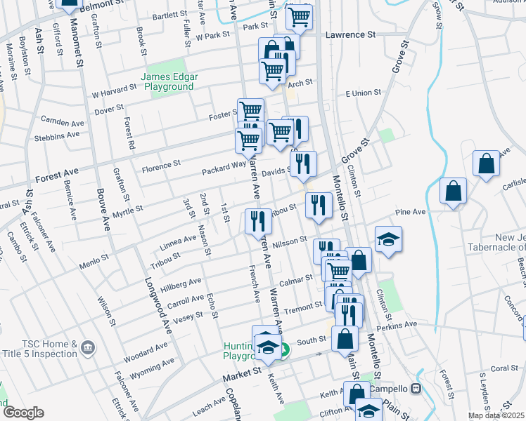 map of restaurants, bars, coffee shops, grocery stores, and more near 822 Warren Avenue in Brockton