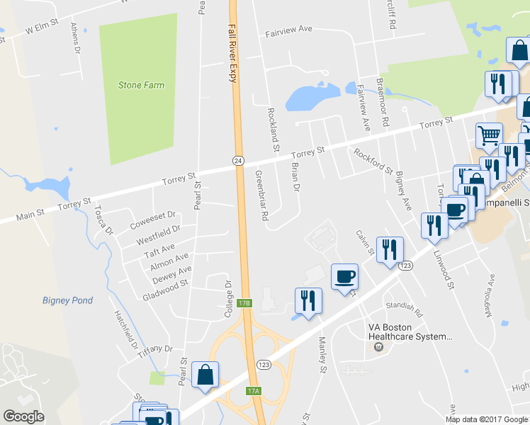 map of restaurants, bars, coffee shops, grocery stores, and more near 61 Greenbriar Road in Brockton