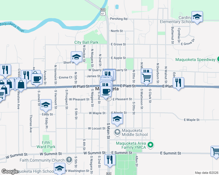 map of restaurants, bars, coffee shops, grocery stores, and more near in Maquoketa