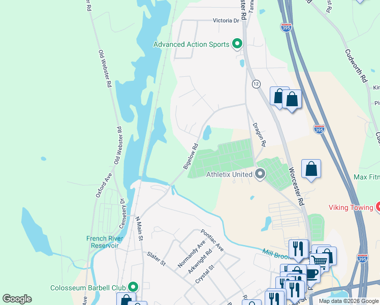 map of restaurants, bars, coffee shops, grocery stores, and more near 35 Bigelow Road in Webster