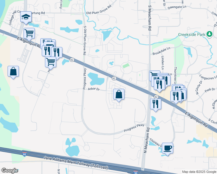 map of restaurants, bars, coffee shops, grocery stores, and more near 2325 Parkside Drive in Schaumburg
