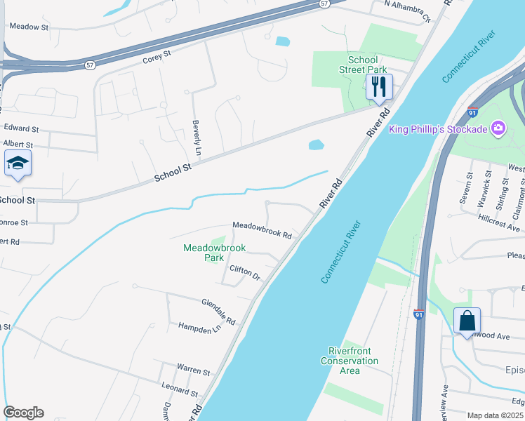 map of restaurants, bars, coffee shops, grocery stores, and more near 75 Simpson Circle in Agawam