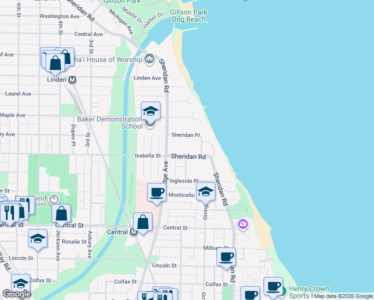 map of restaurants, bars, coffee shops, grocery stores, and more near 2769 Sheridan Road in Evanston