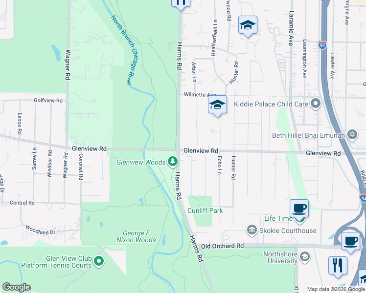 map of restaurants, bars, coffee shops, grocery stores, and more near 446 Glenview Road in Glenview