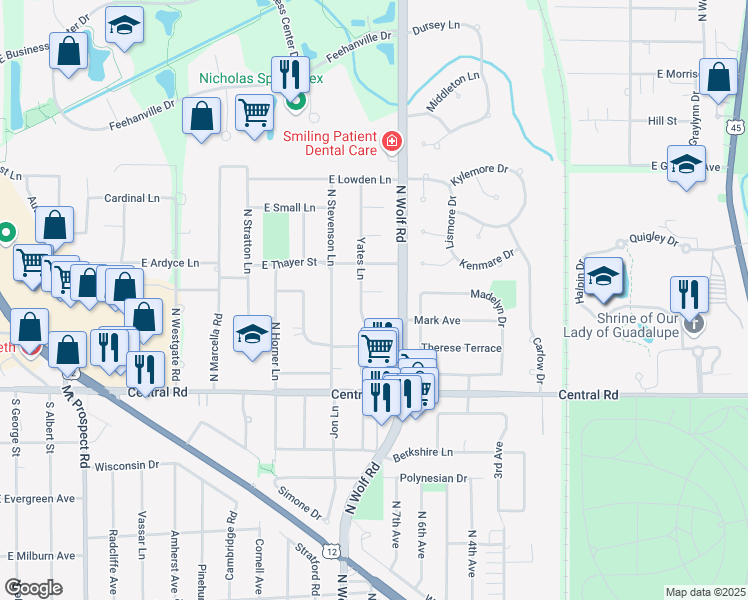 map of restaurants, bars, coffee shops, grocery stores, and more near 1511 Mark Drive in Mount Prospect
