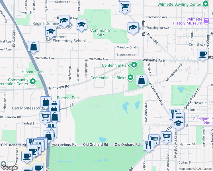 map of restaurants, bars, coffee shops, grocery stores, and more near 326 East Wilshire Drive in Wilmette