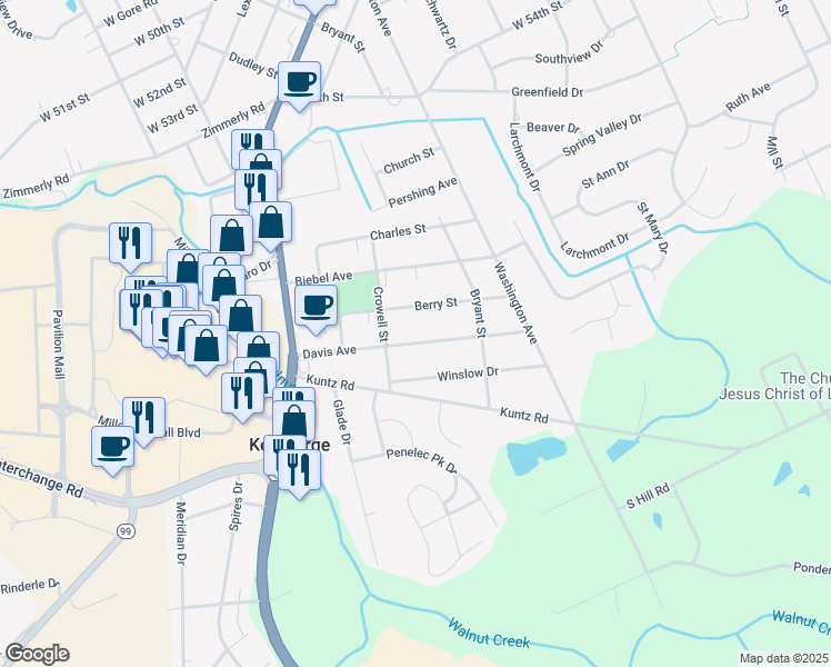 map of restaurants, bars, coffee shops, grocery stores, and more near 1660 Davis Ave in Erie