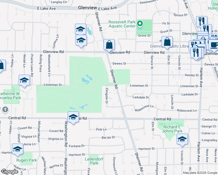 map of restaurants, bars, coffee shops, grocery stores, and more near 749 Elmgate Drive in Glenview