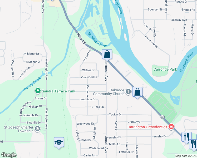 map of restaurants, bars, coffee shops, grocery stores, and more near 956 Vinewood Drive in St. Joseph