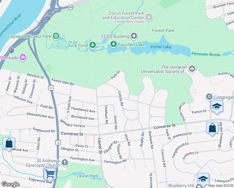 map of restaurants, bars, coffee shops, grocery stores, and more near 66 Colony Road in Longmeadow