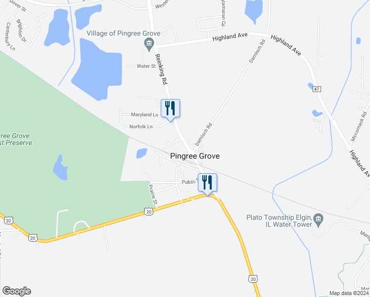 map of restaurants, bars, coffee shops, grocery stores, and more near 14N152 Reinking Road in Pingree Grove