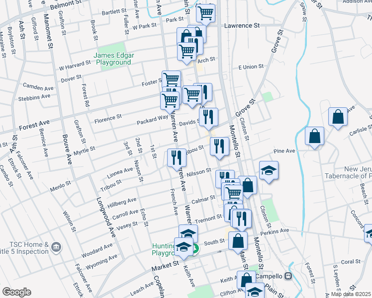 map of restaurants, bars, coffee shops, grocery stores, and more near 822 Warren Avenue in Brockton