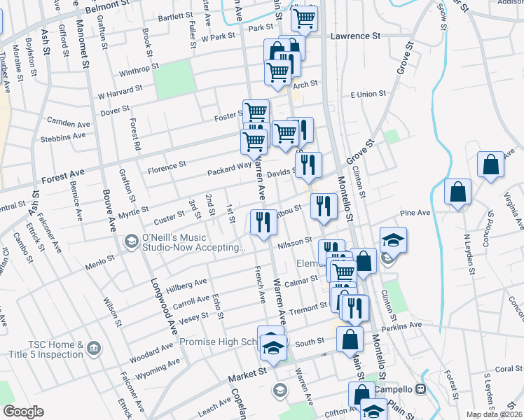 map of restaurants, bars, coffee shops, grocery stores, and more near 822 Warren Avenue in Brockton