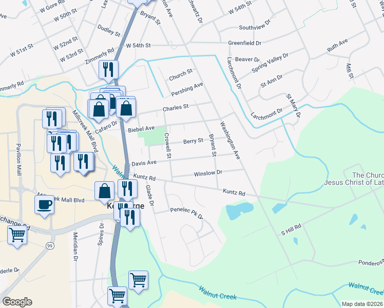 map of restaurants, bars, coffee shops, grocery stores, and more near 1660 Davis Ave in Erie