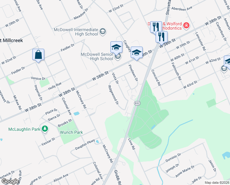 map of restaurants, bars, coffee shops, grocery stores, and more near 4015 Ridgewood Drive in Erie