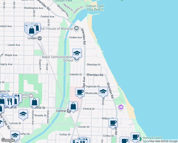 map of restaurants, bars, coffee shops, grocery stores, and more near 2801 Sheridan Road in Evanston