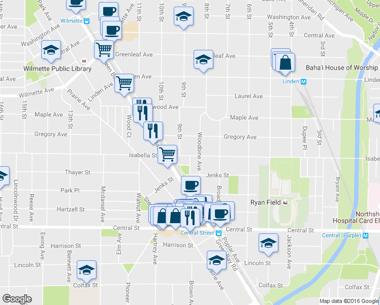map of restaurants, bars, coffee shops, grocery stores, and more near 812 Isabella Street in Wilmette