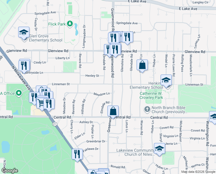 map of restaurants, bars, coffee shops, grocery stores, and more near 3301 Linneman Street in Glenview