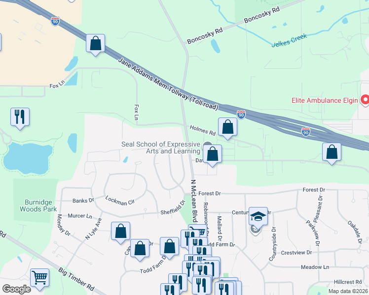 map of restaurants, bars, coffee shops, grocery stores, and more near 23 Devonshire Circle in Elgin