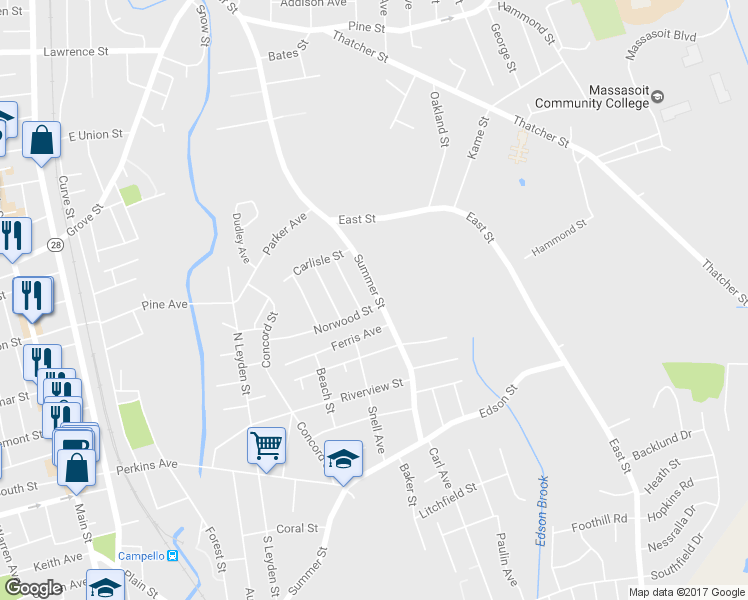 map of restaurants, bars, coffee shops, grocery stores, and more near 365 Summer Street in Brockton