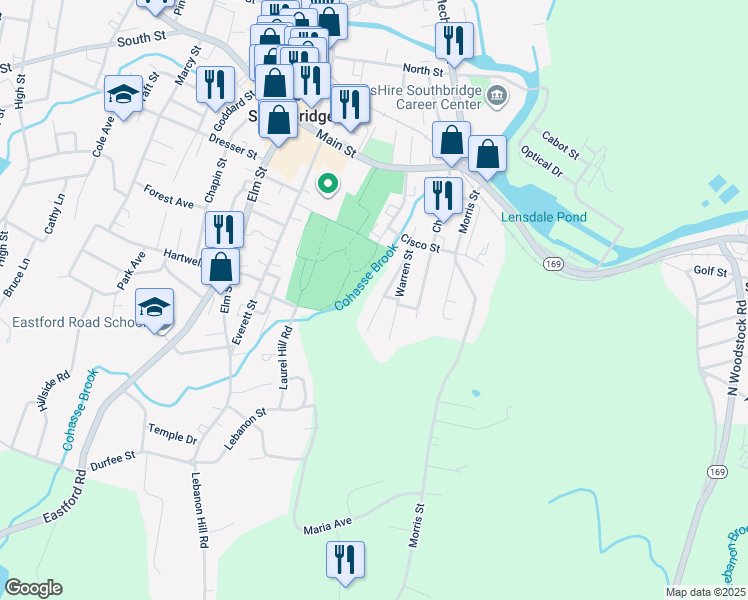 map of restaurants, bars, coffee shops, grocery stores, and more near 54 Roger Street in Southbridge