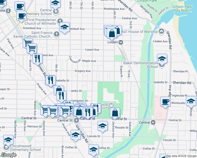 map of restaurants, bars, coffee shops, grocery stores, and more near 514 Isabella Street in Wilmette