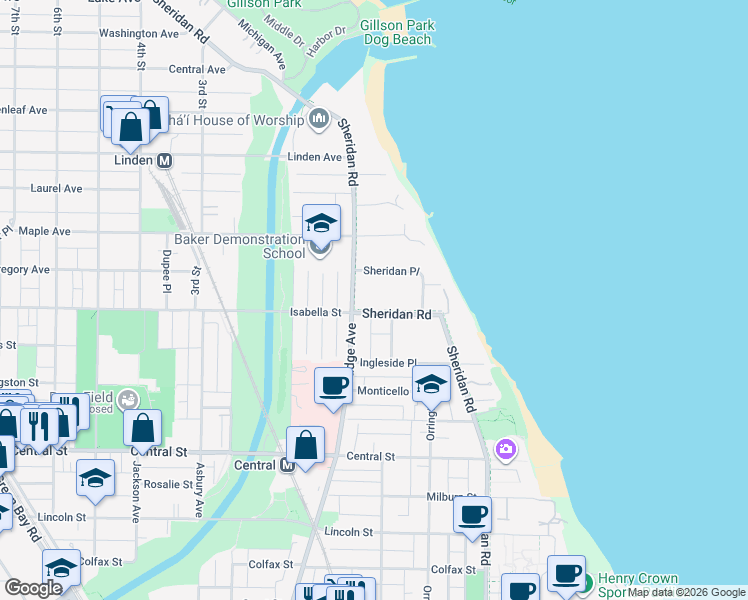 map of restaurants, bars, coffee shops, grocery stores, and more near 2775 Sheridan Road in Evanston