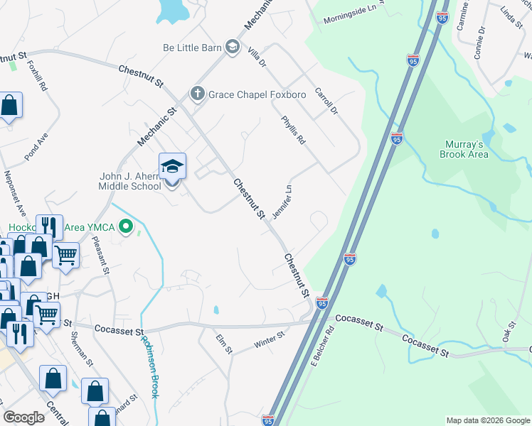 map of restaurants, bars, coffee shops, grocery stores, and more near 164 Chestnut Street in Foxborough